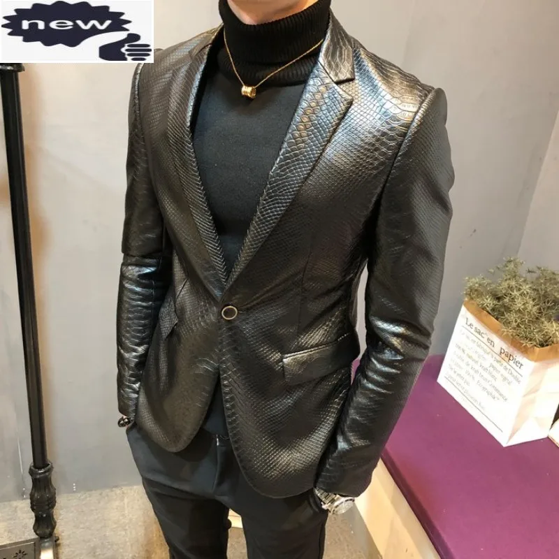 Winter Fleece Pu Leather Jacket Men 2021 Autumn Slim Fit Snake Pattern Elegant Business Blazer Mens Smart Casual Suit Jackets