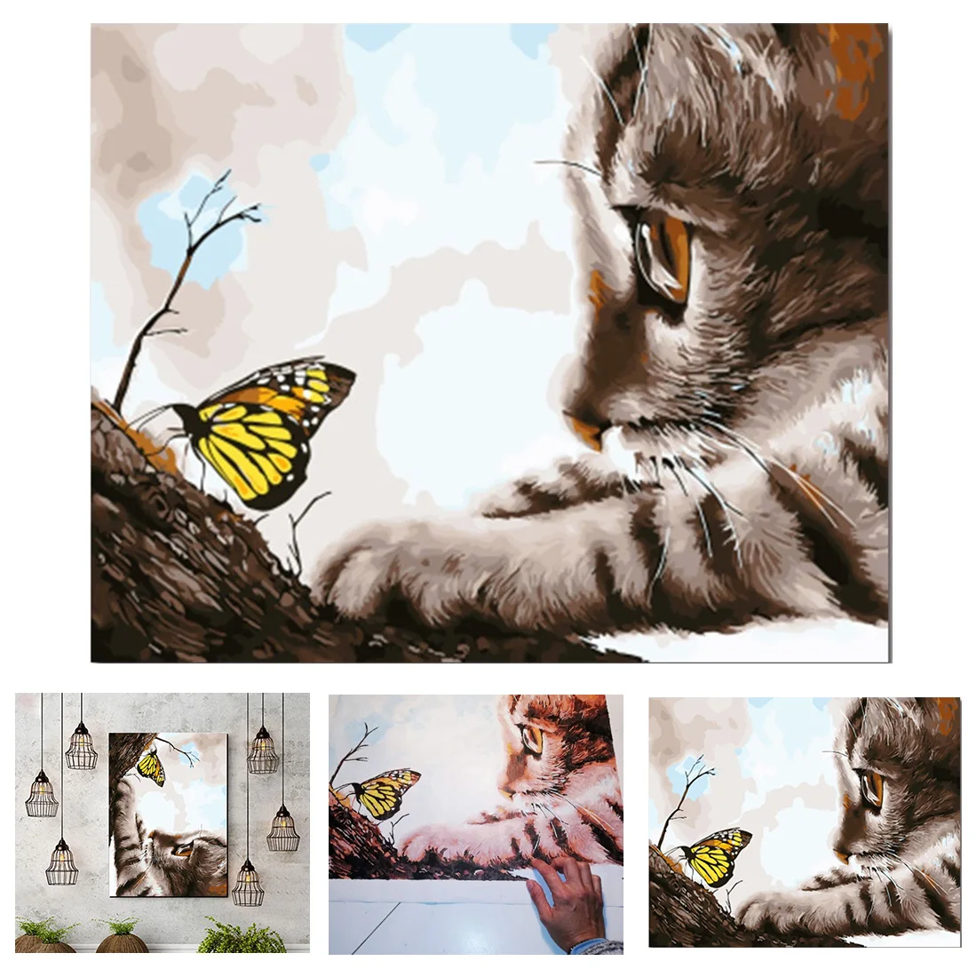 Украшение для дома DIY кот и бабочка животное 40x50 см 50x60 см репродукции, настенное Искусство Холст Картина DIY Картина Настенная картина