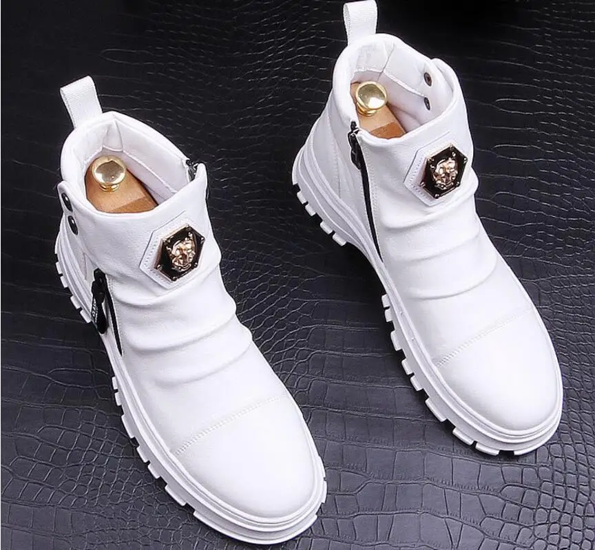 Мужские кожаные ботильоны с заклепками белые повседневные ботинки в стиле панк