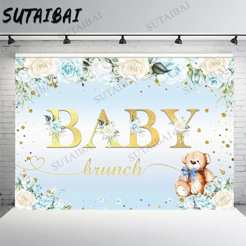 

Детский праздничный фон для фотосъемки с изображением медведя голубого неба, цветочное украшение для вечеринки, фон для детских принадлежн...