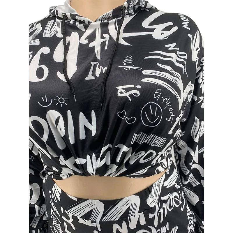 

Autumn Winter Plus Size Clothing For Women 2 Pieces Sets Hoodies & Pant Black Letter Print Fashion High Street Matching Sets