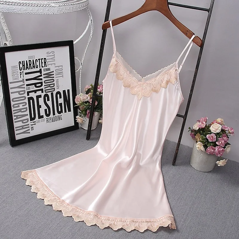 

Pink Sweet Lace Trim Spaghetti Strap Nightdress Female Sexy V-Neck Backless Nightgown Solid Satin Home Dress Casual Sleepwear