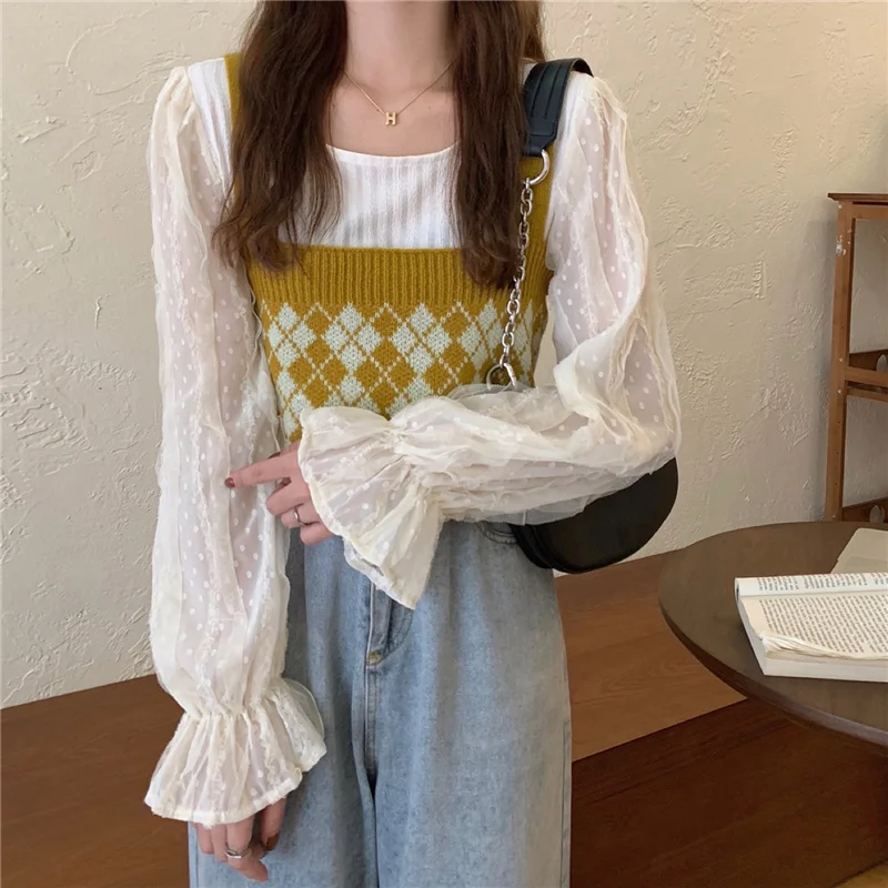 Шикарный осенний костюм из двух предметов новинка 2021 женский жилет кружевная