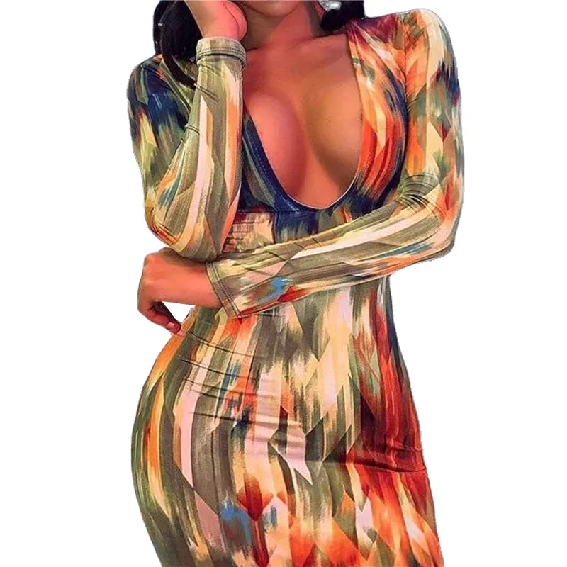 Платье-миди с градиентным принтом V-образным вырезом и длинным рукавом | Женская