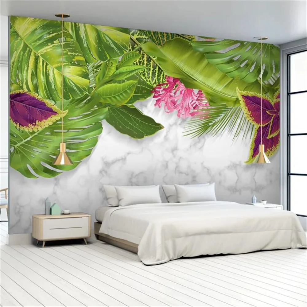 

Customized 3D Wallpaper Mural European HD Tropical Rainforest Marble Pattern Bedroom Background Wall Mural