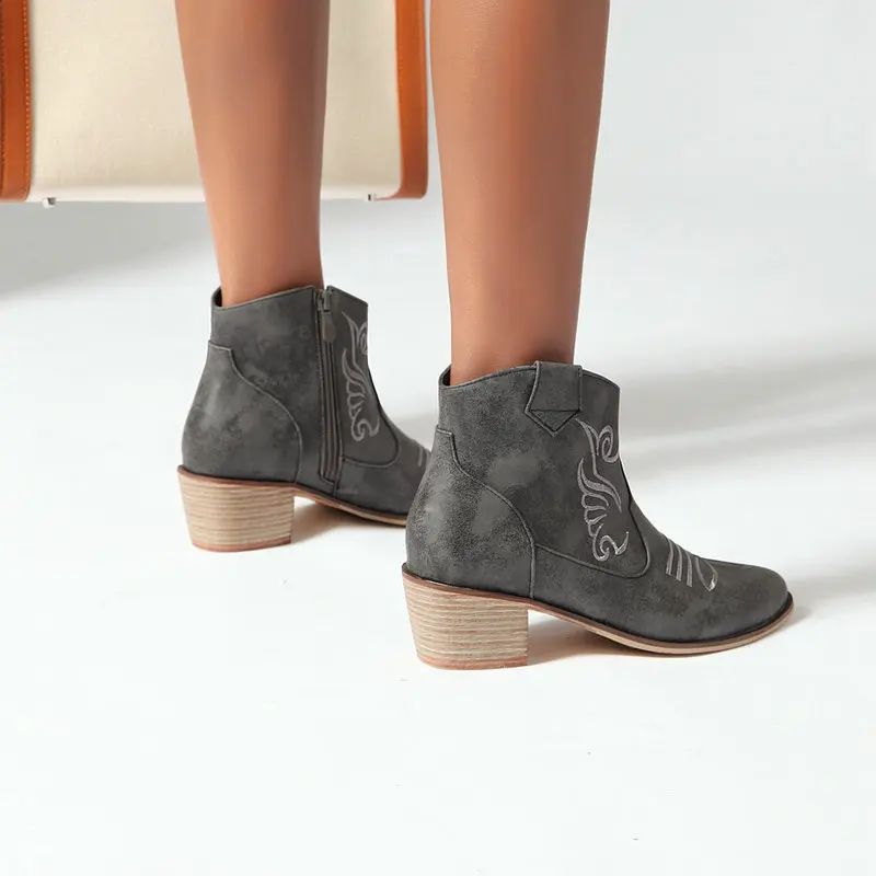 

Zip Ankle Boots Women Autumn Winter Short Boots High Heels Square Heel Buty Damskie Female Floral Pointed Toe Botas De Mujer