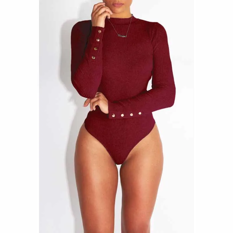 Длинный рукав ребристый трикотажный сексуальный боди Женский Круглый