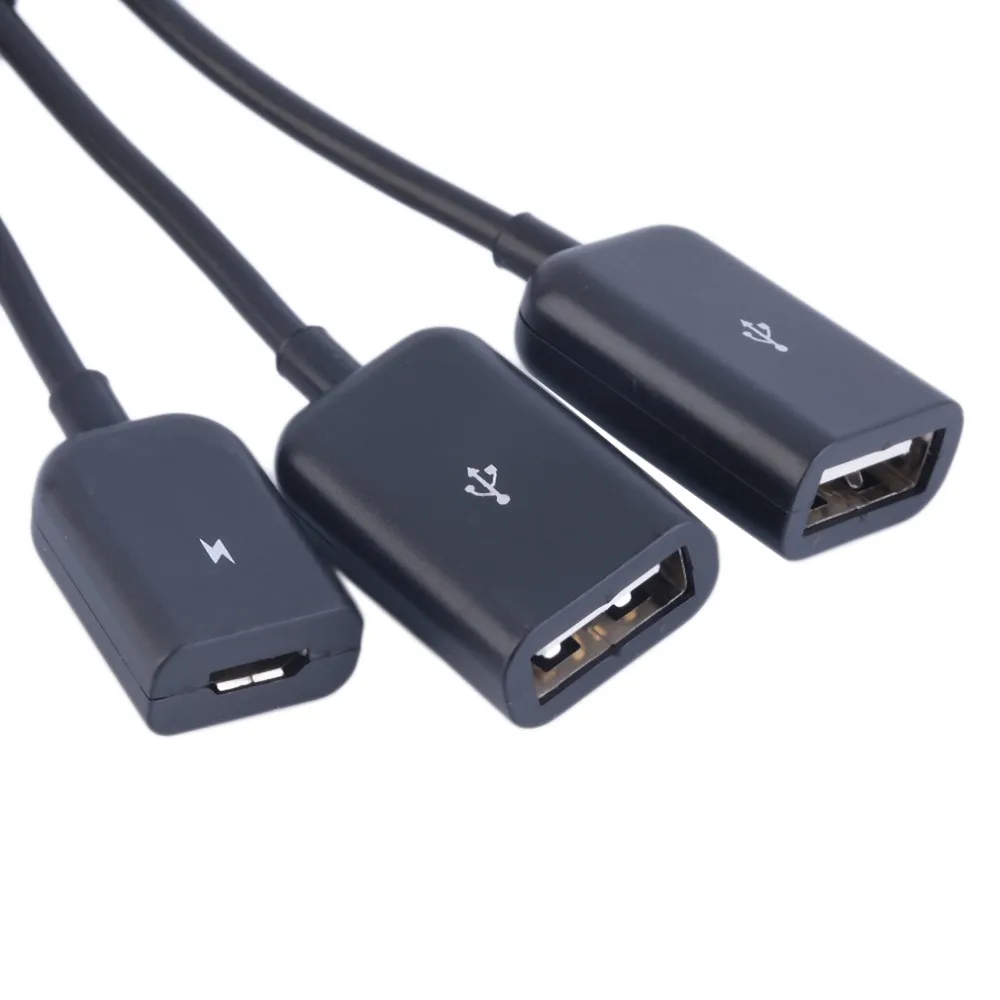 

3 in 1 Micro USB HUB Male to Female Double USB 2.0 Host OTG Adapter Cable Converter Extender Universal For Mobile Phones Black