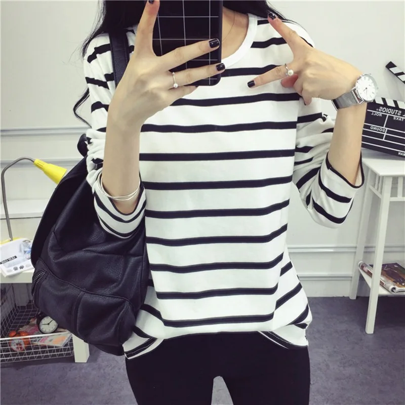 

Autumn Winter Korean T Shirts Breathable Cotton Pullover Clothes Woman Striped Print Soft T-shirts Long Sleeve Girls Basic Tops