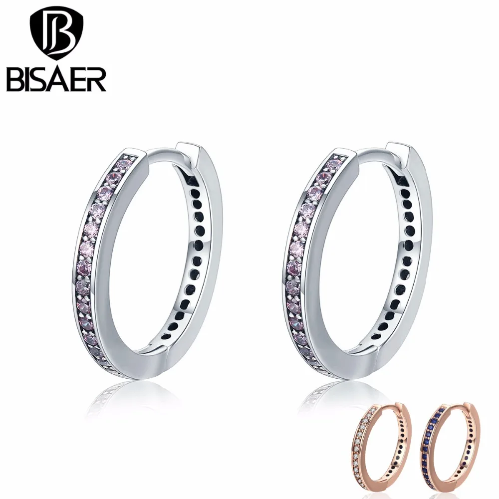 BISAER 925 пробы серебряные 4 цвета светящиеся прозрачные CZ классические круглые серьги-кольца для женщин Серебряные серьги ювелирные изделия Brincos
