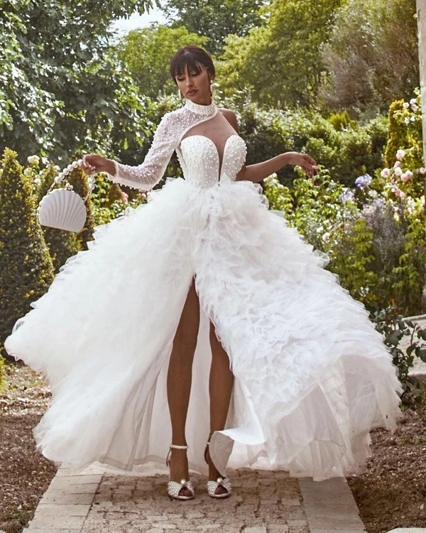 

Women New Arrival White One-Shoulder Long-Sleeve Turtleneck A-LINE Floor-Length Evening Wedding Dress