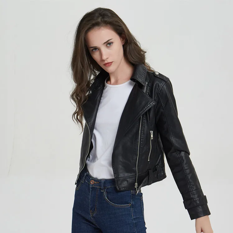 2019 New Autumn Biker Leather Jacket Women Black Turn Down Collar Zippers Short Female Faux Leather Jackets Coats High Quality