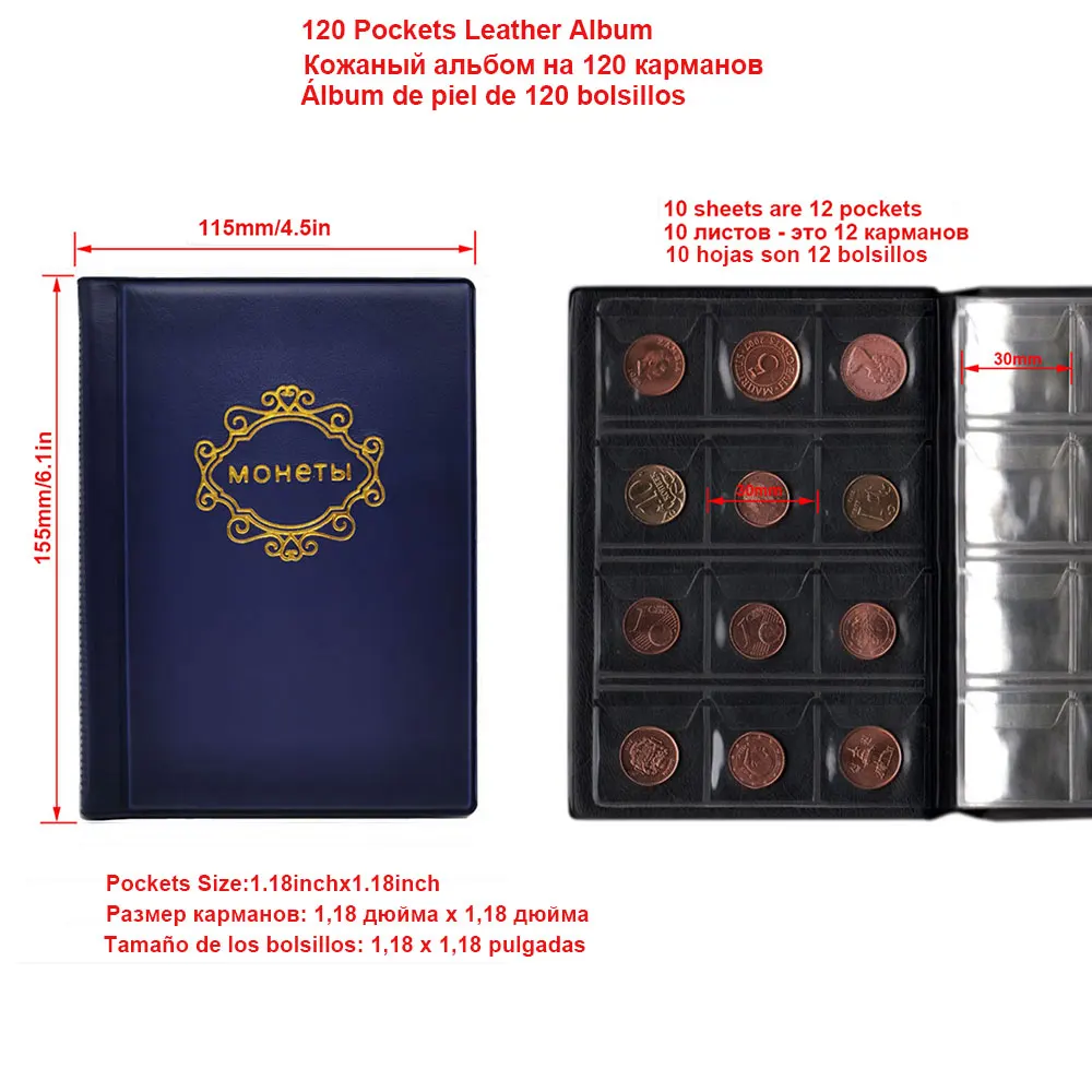 Из искусственной кожи альбом для Coins.10 листы штамп 250/120 карманы коллекция монет