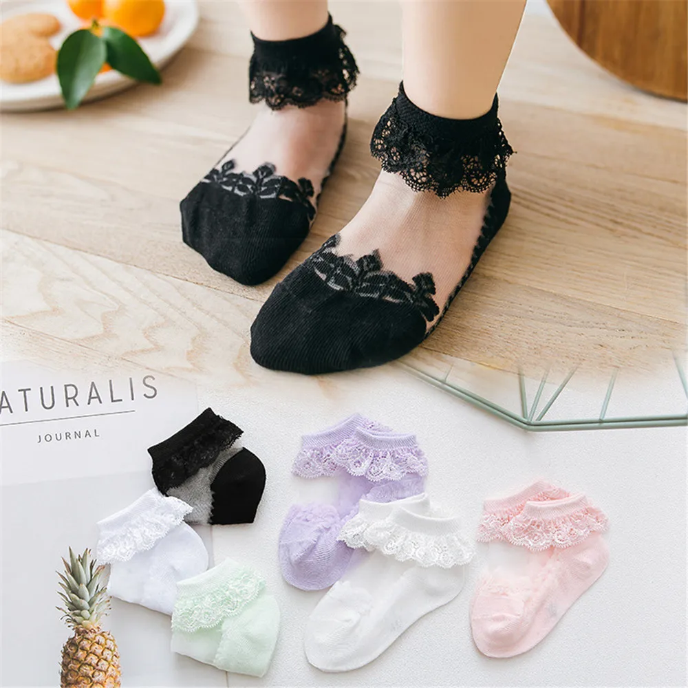 

Spring Summer Autumn Baby Girls Lace Ultra-Thin Mesh Crystal Socks Socks Solid Color Kids Invisible Boat Socks Soft Breathable