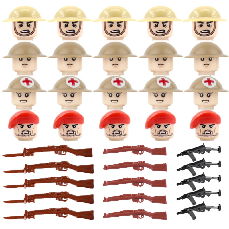 Figuras del ejército británico de la Segunda Guerra Mundial, bloques de construcción, soldados, caja médica Lee Enfield, pistola de popa, accesorios para arma militar, juguetes de bloques D304