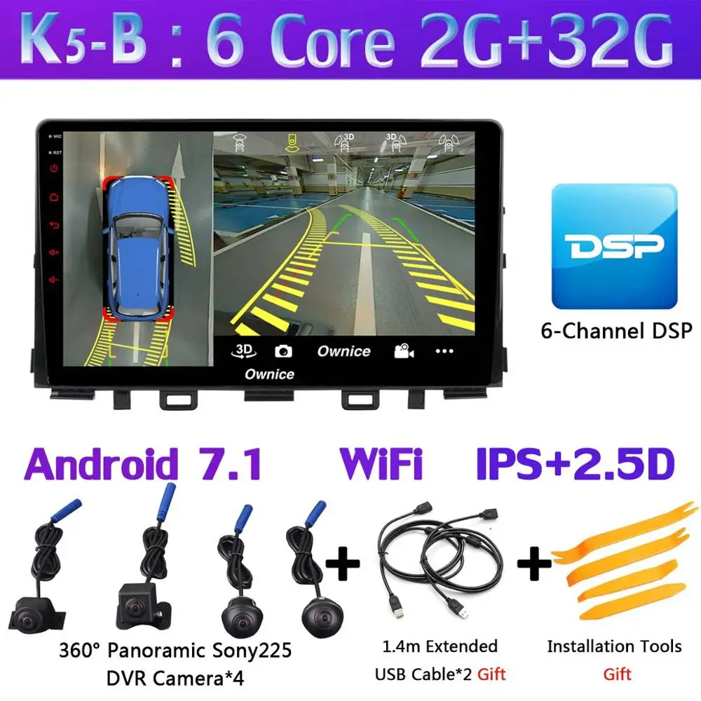 K5-B 1din 360 ° панорамный 4G SIM Wi-Fi Android 9,0 8Core 4G+ 64G DSP CarPlay автомобильный мультимидийный Навигатор Радио плеер для Kia Rio - Цвет: K5-B