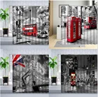 Винтажная ностальгическая занавеска для душа с городским пейзажем, черная, белая, французская, Лондонская улица, красный автобус, телефонная будка, занавеска для ванной комнаты, комплект s