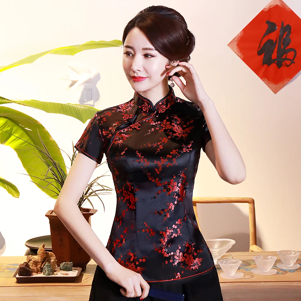 

Vintage Slim Asian Women Blouse night gown 3XL 4XL Cheong-sam Collor Tops Shirts Flower Elegant Oriental Stage Show Clothing