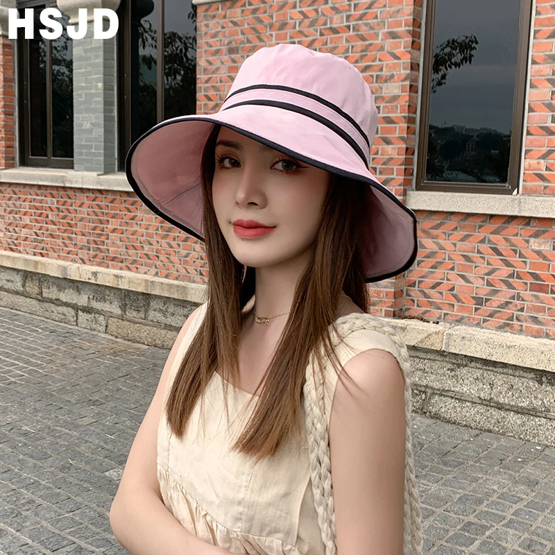 Black Line Wide Brim Summer Sun Hats For Women Foldable Bucket Hat Anti-UV Beach Caps Fashion Female Holidays Visor Cap Bonnet