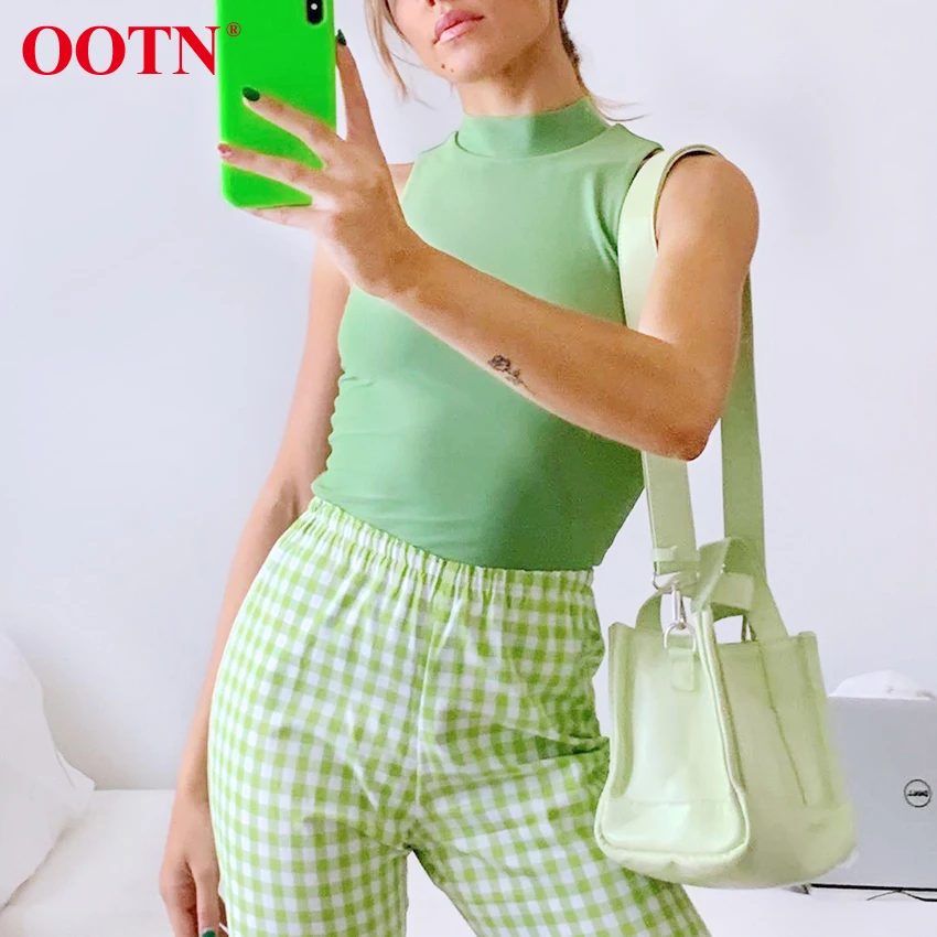 Женские прямые брюки OOTN зеленые летние повседневные с высокой талией винтажные