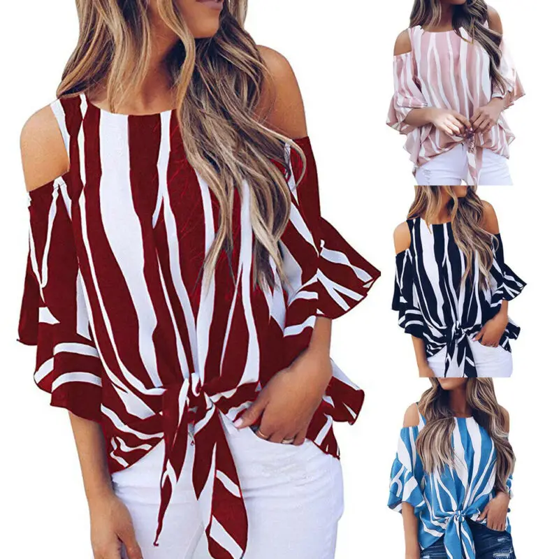 Женская блузка в полоску с открытыми плечами и коротким рукавом | одежда