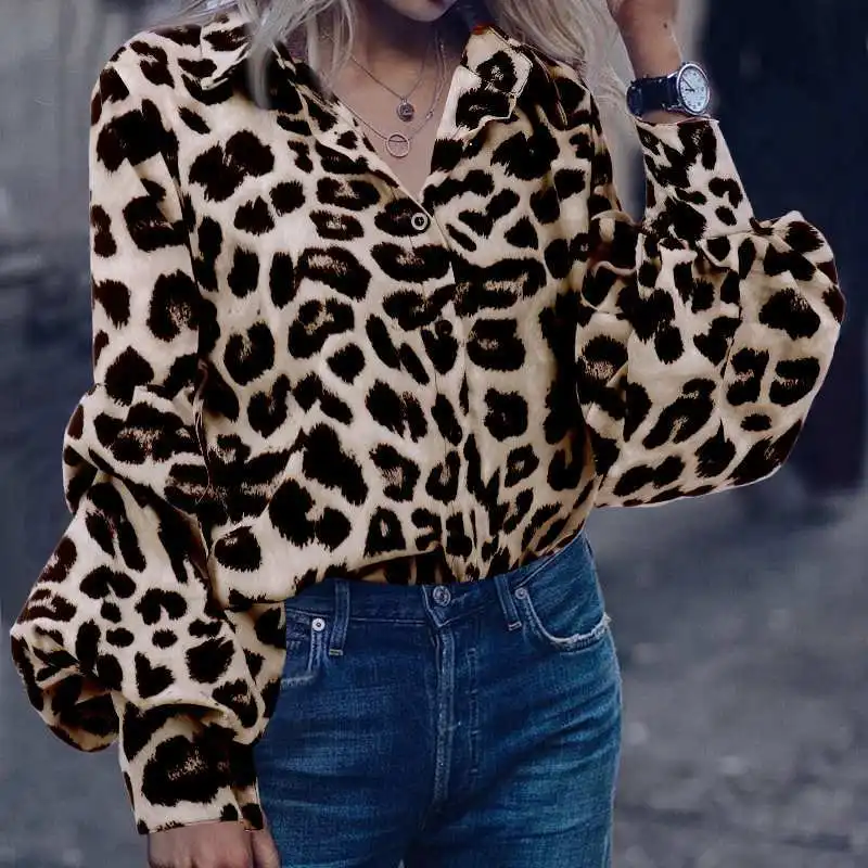 

Kalenmos женские свободные рубашки Slim с леопардовым принтом, рубашка с длинными рукавами и отворотом повседневные Стиль уличная Элегантная блу...