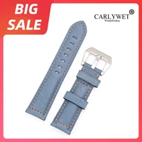 carlywet 22 24mm top watch band silver brushed buckle sky blue real leather replacement thick vintage wrist for panerai luminor