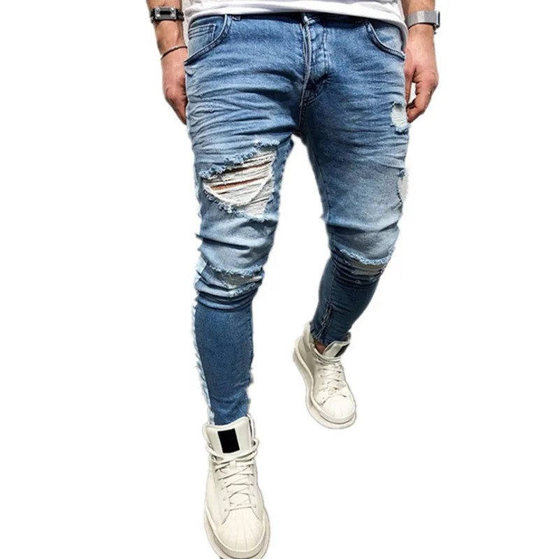 Джинсы мужские рваные в полоску облегающие брюки джоггеры из потертого денима