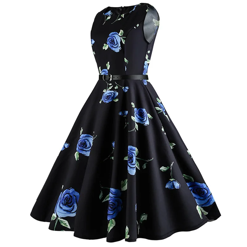 Женское винтажное платье миди с цветочным принтом синее в стиле 50 х годов сарафан