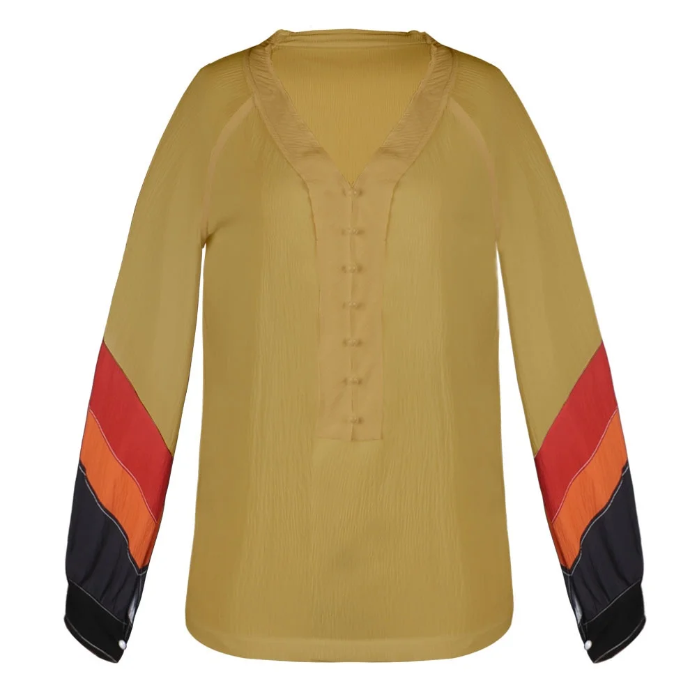 

Ladies loose casual V-neck contrast color flared sleeve top