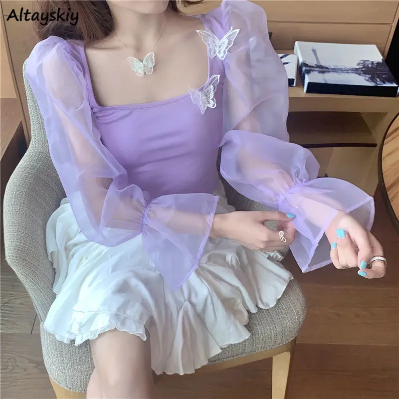 

T-shirts Women Summer Tops Tees Flare Sleeve Elegant Mesh Patchwork Ins Casual Purple All-match College Stylish Design Artistic