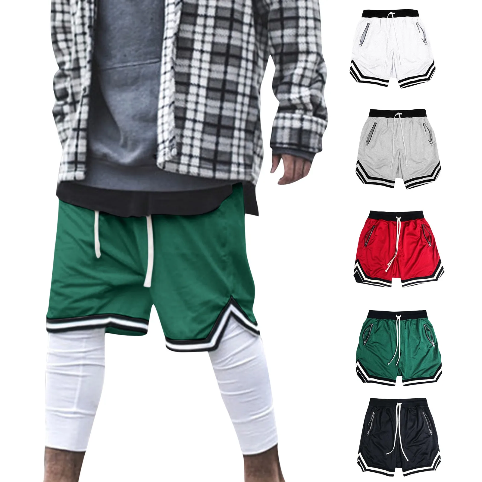 

69# Men's Gym Sport Shorts Homme Summer Solid Drawstring Zipper Pocket Splice Basketball Shorts Men Clothing