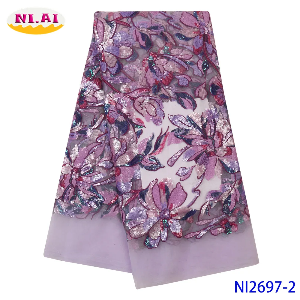 

African Ribbon Organza Fabrics Wiht Sequins Flower Color Lace Applique Best Quality Embroidery Fabric For Dress NA2697B-3