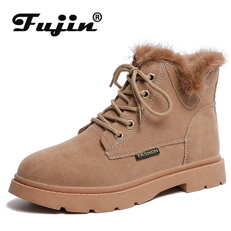 Fujin/женские ботинки Меховые плюшевые зимние Теплые ботильоны на платформе