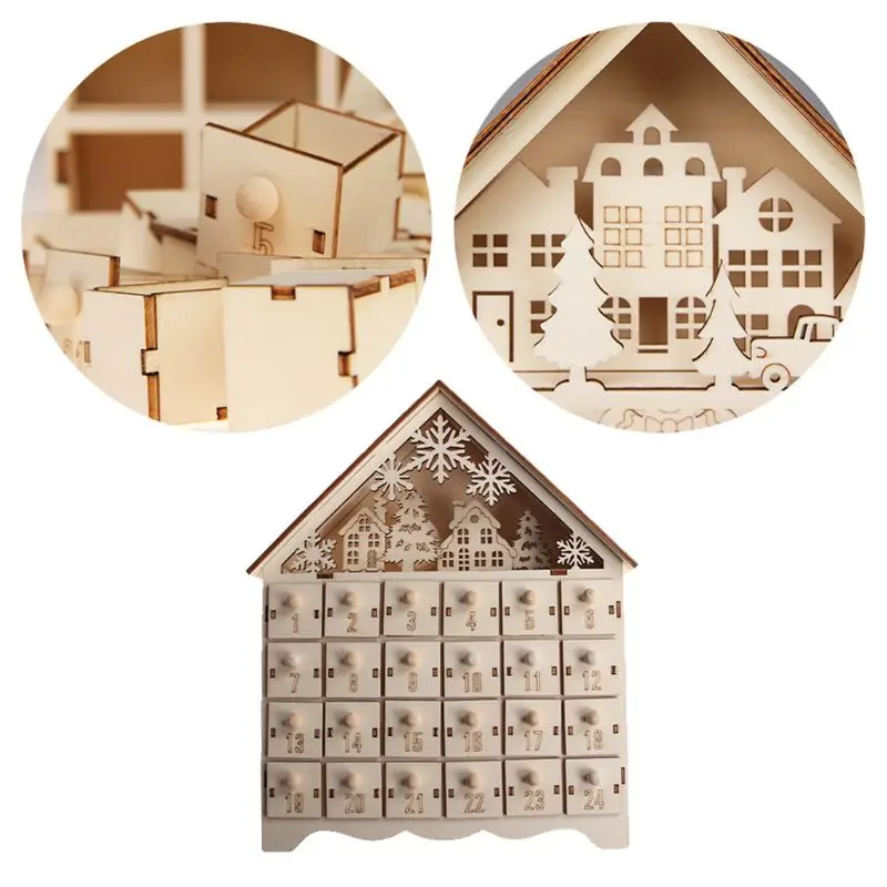 

Christmas Snowman Snowflake Wooden Advent Calendar Countdown Decoration 24 Drawers with LED Light