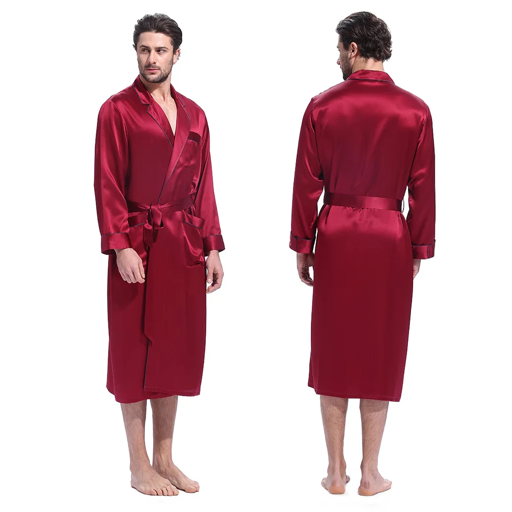 LILYSILK Silk Robe Bathrobe Sleepwear Kimono Men Night Designer Long Sleeve Belt Pockets Brand Turn Down Collar Free Shipping