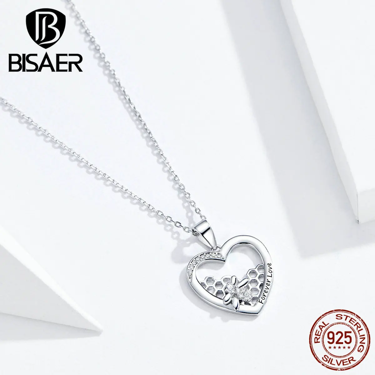 Соты воротник BISAER 925 пробы Серебряная пчела любовь соты в форме сердца кулон ожерелья для женщин Роскошные ювелирные изделия ECN356