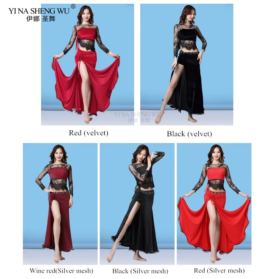 

Belly Dance Set New Long Sleeves Floral Lace Top and Split Long Skirt For Women Fashion Women Dance Clothes Belly Dance Costume
