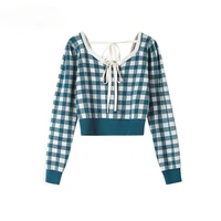 female autumn plaid crop sweater long sleeve korean casual fashion sweet elegant pullover square neck slim knitted tops