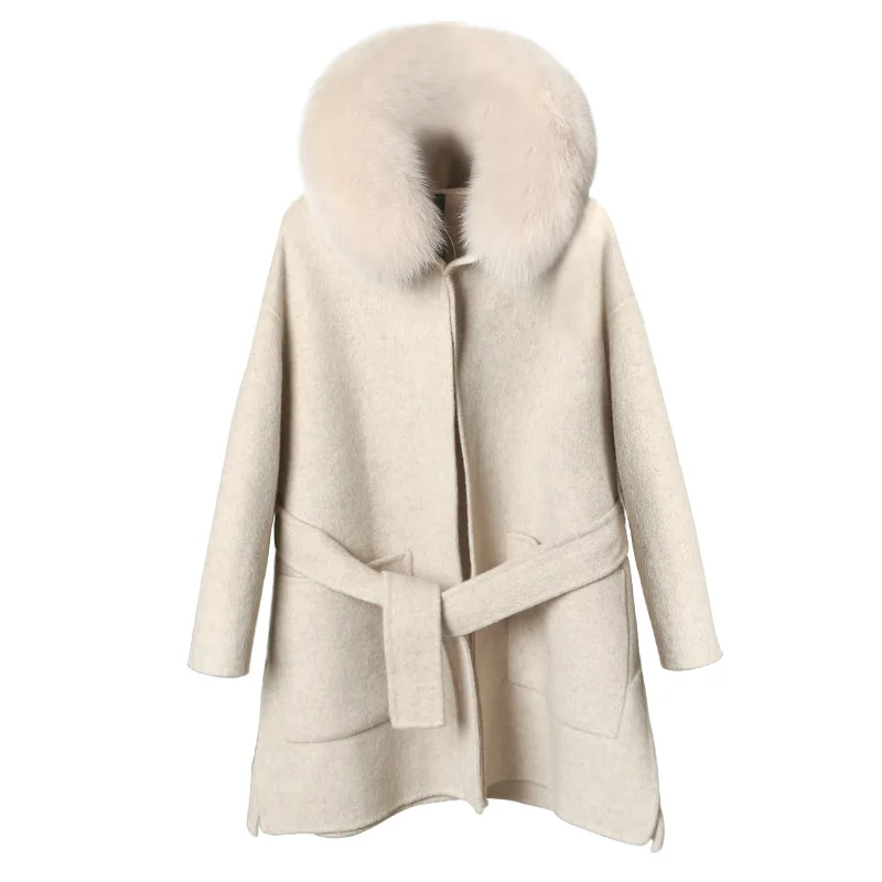 

Runway Design Cashmere Jacket With Belt Women Ntarual Fox Fur Collar Hooded Wool Coat Casual Winter Overcoat