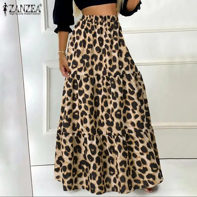 

Юбка ZANZEA женская с леопардовым принтом, длинная Повседневная Макси-юбка с эластичным поясом и оборками, праздничная пляжная одежда, на лето