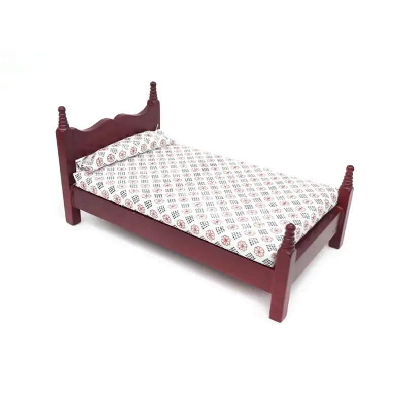 

Classic Vintage Redwood Color Single Bed Model Doll House Accessories Dollhouse Mini Furniture Decoration Y4UD
