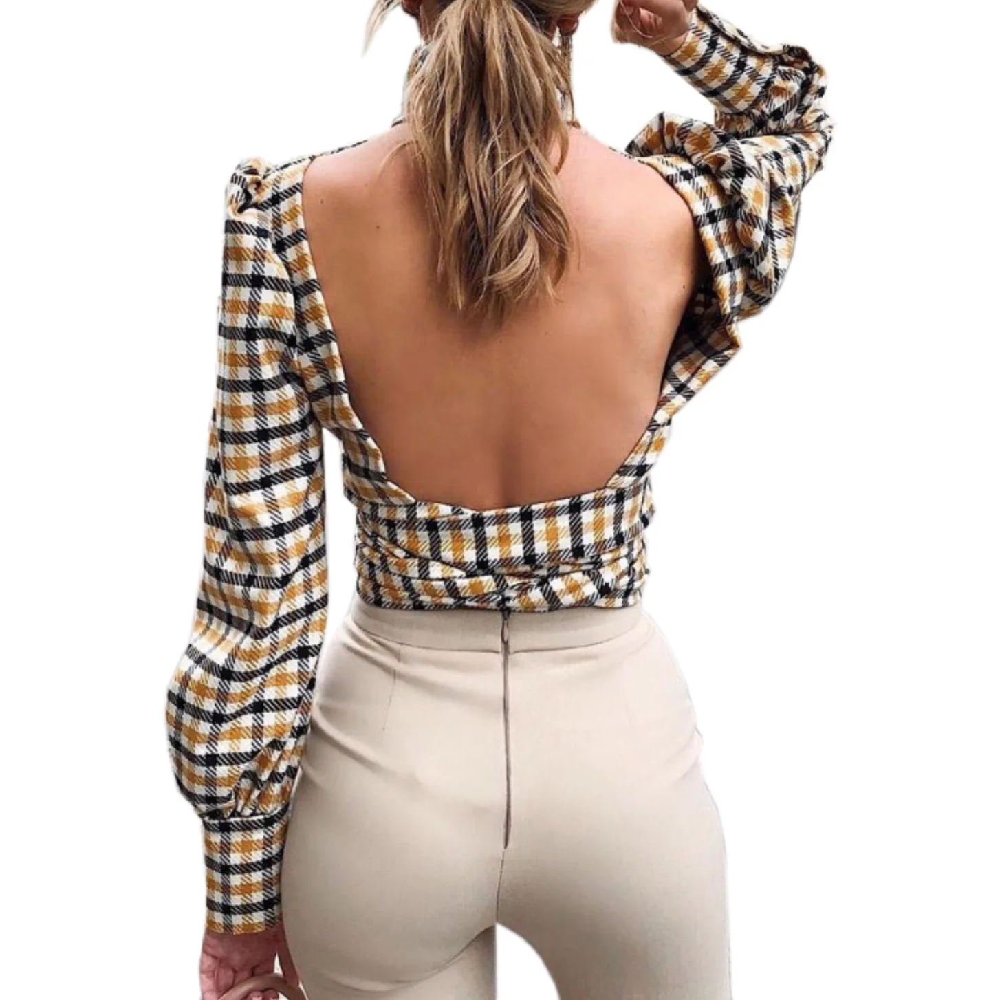 

Zoulv 2021 Personality Design Summer/Autumn Long Sleeve Sexy Backless Korean Ladies Office Ladies French Joker Plaid Top Vintage