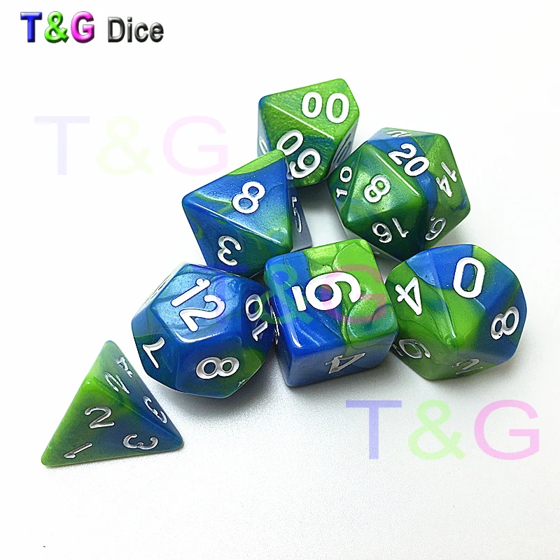 Забавные 2 цвета зеленый микс синий мульти сторонний кубики 7 кости набор для D &amp
