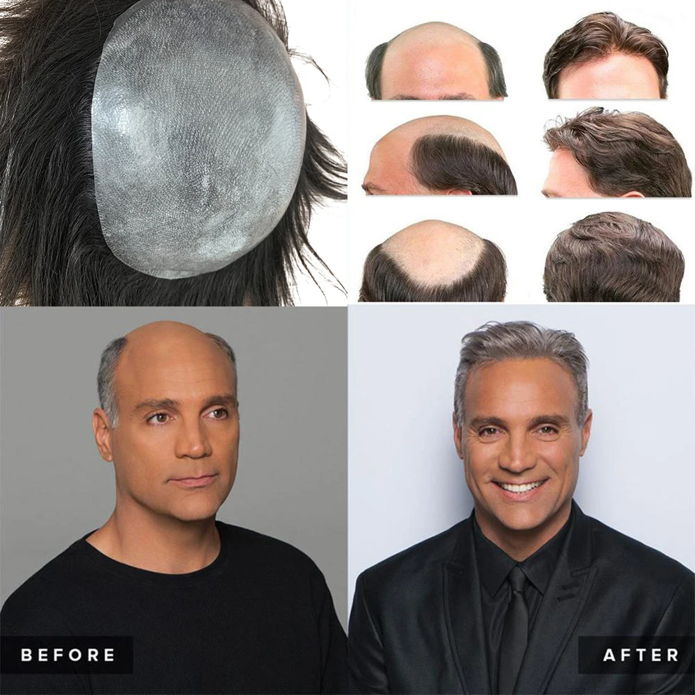 

Mens Toupee Thin Skin PU 0.04-0.06cm Hair Replacement Systems Indian Remy Human HairPiece Wig Natural Handmadec