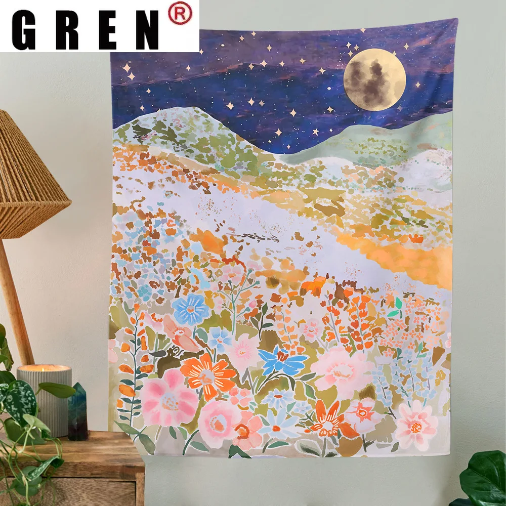 

GREN Moon Star Flower Landscape Tapestry Wall Hanging Rug Background Cloth Beach Mat Blanket Art Bedroom Dorm Home Decor