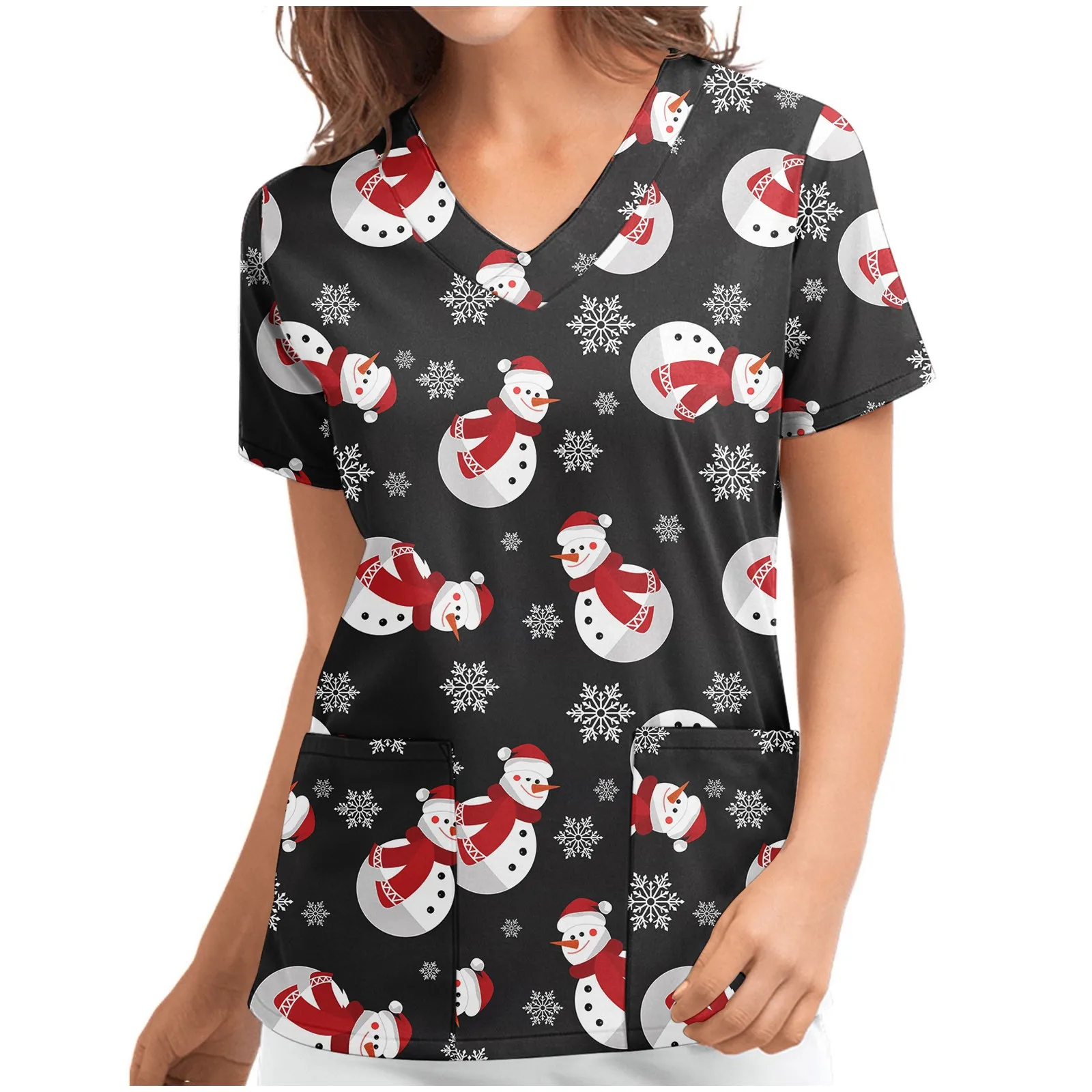 Christmas print V-neck short sleeves nurse Scrub Tops snowman Shirt Short Sleeve T-shirt Doctor beauty salon uniform |