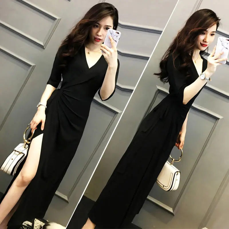 

Spring and summer 2021 new black temperament V-neck Hepburn split size long dress women's fashion