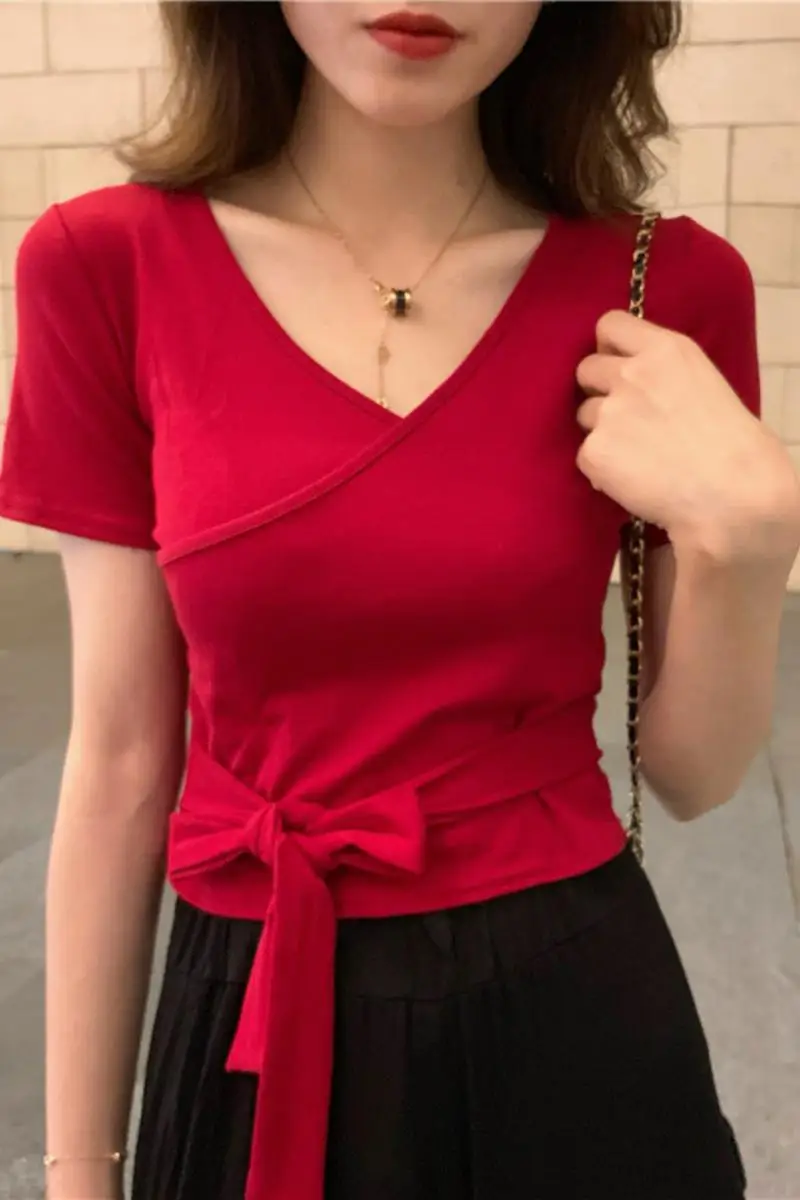 

Non-Mainstream Lace-up Top Slim Fit V-neck Short Section T Shirt Short Sleeve Women T-shirt Solid Color Female Scheming Tee