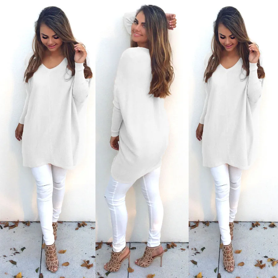 Women Fashion Autumn Winter Sweater Long Plus Size S-XXXL Oversized Thin V-neck Pullovers Female White | Женская одежда